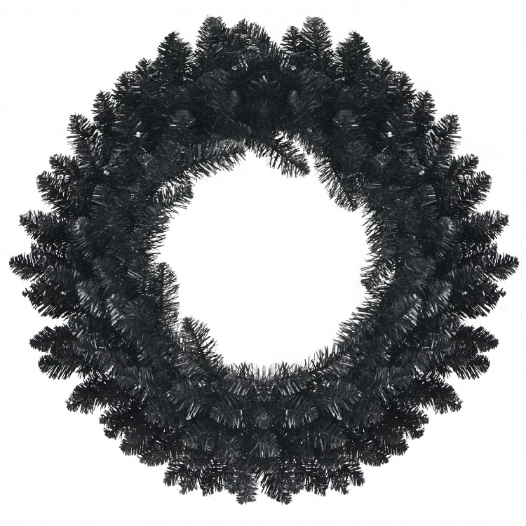 24-inch black Halloween wreath featuring 35 purple LED lights, perfect for enhancing festive holiday decor.