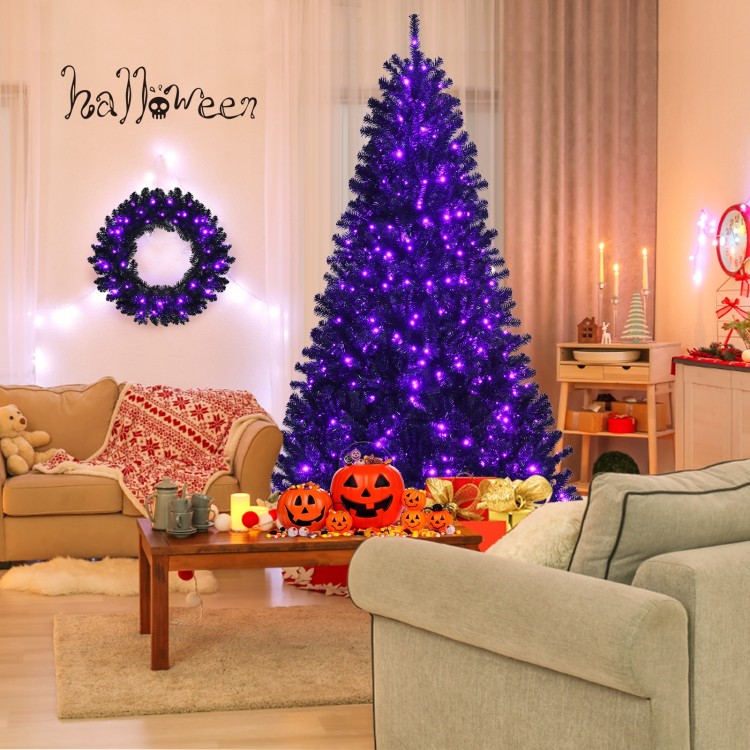 24-inch black Halloween wreath with 35 purple LED lights, perfect for enhancing festive atmosphere and surprising.