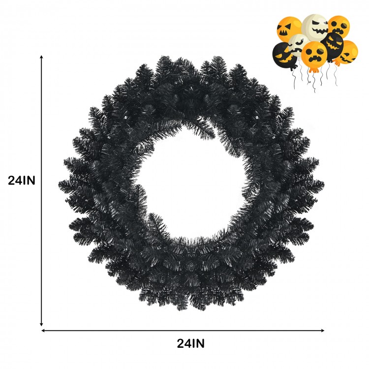 24-inch black pre-lit Halloween wreath featuring 35 purple LED lights, perfect for enhancing holiday decorations.