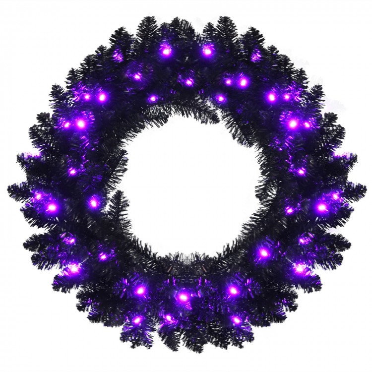 24-inch pre-lit Halloween wreath featuring 35 purple LED lights, crafted from lifelike black PVC for festive decor.