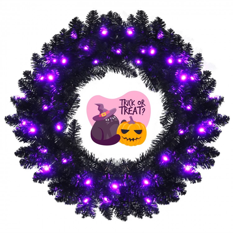 24-inch pre-lit Halloween wreath with 35 purple LED lights, featuring lifelike branches for festive decoration.