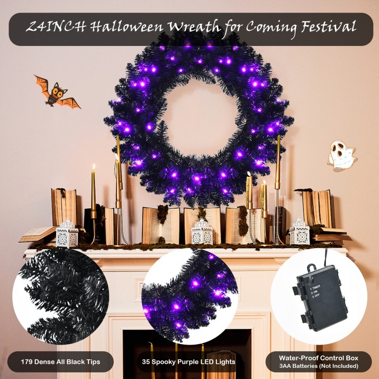 24-inch pre-lit Halloween wreath with 35 purple LED lights, featuring 179 black tips for a spooky festive atmosphere.