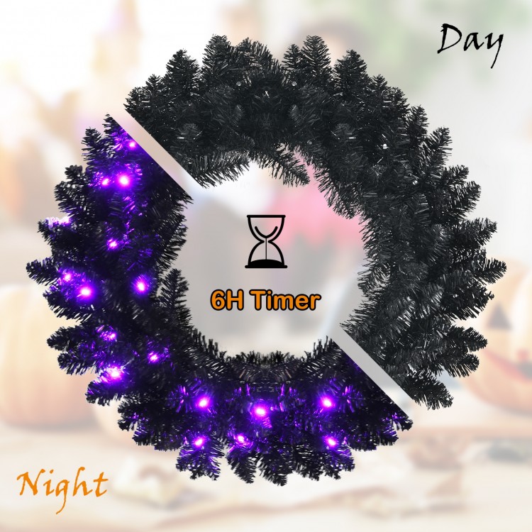 24-inch pre-lit Halloween wreath with 35 purple LED lights, featuring a 6H timer for energy-saving and festive ambiance.