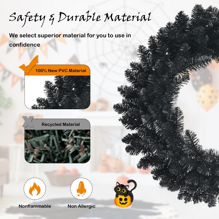 24-inch pre-lit Halloween wreath with 35 purple LED lights, made of non-flammable PVC, perfect for festive decoration.