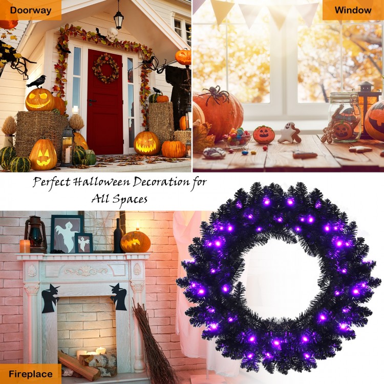 24-inch Halloween wreath with 35 purple LED lights, designed for doorways to create a spooky festive atmosphere.