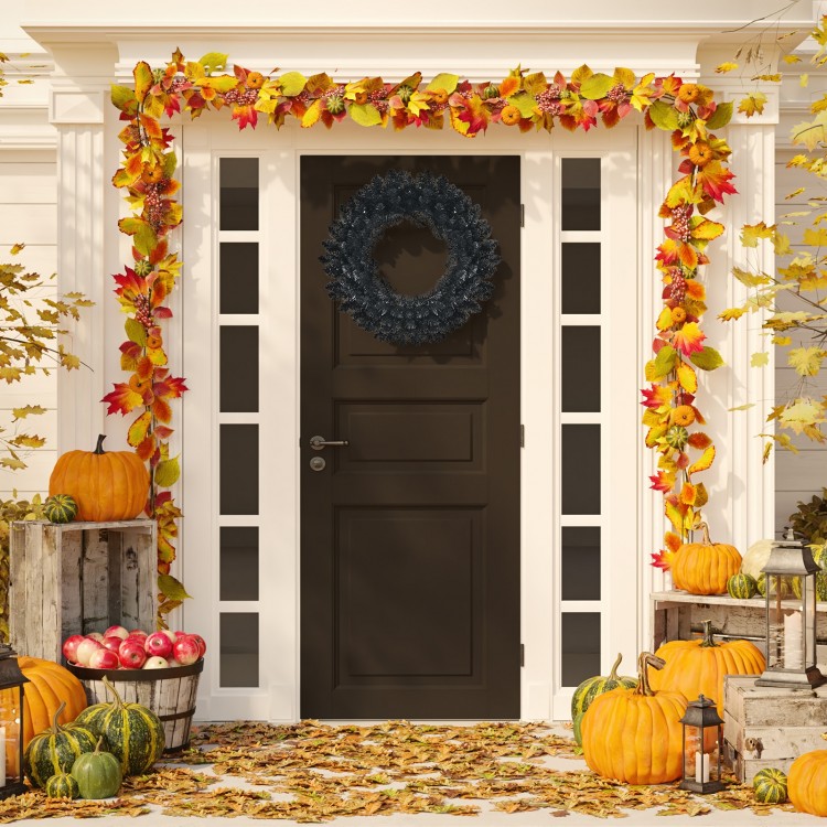24-inch pre-lit Halloween wreath with 35 purple LED lights, featuring lifelike branch tips for a spooky festive look.