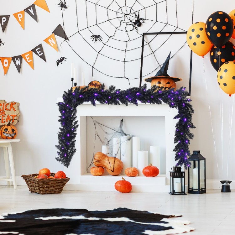 Lush black Halloween garland with 50 purple LED lights, ideal for creating a captivating festive atmosphere anywhere.