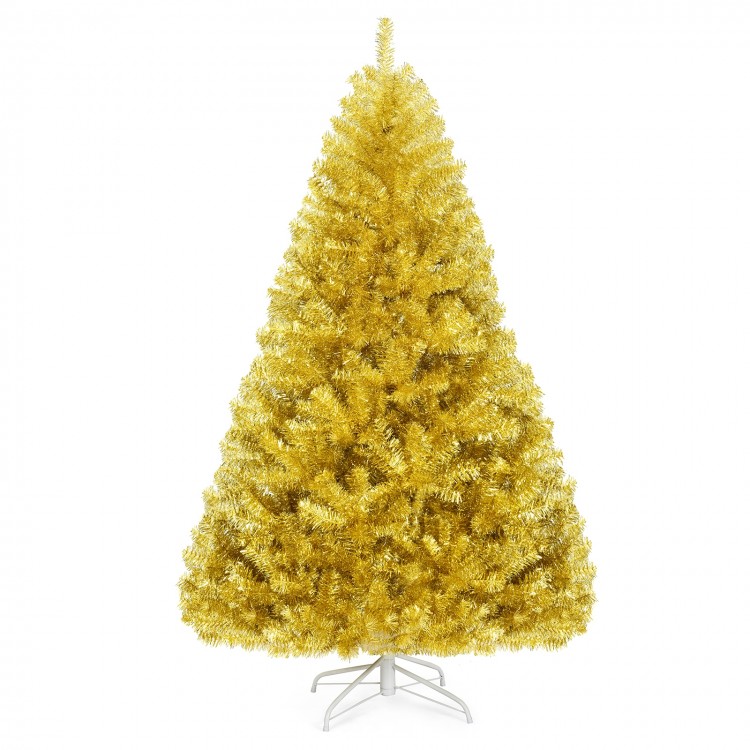 Champagne gold 6 ft artificial tinsel Christmas tree with fluffy branches, ideal for creating a stunning holiday.