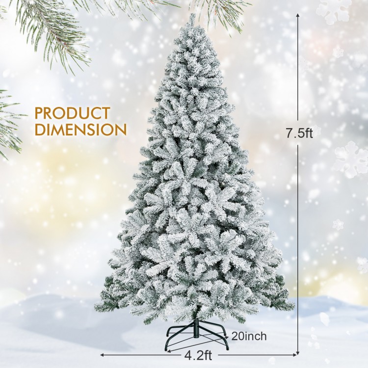 Snow-flocked 7.5ft artificial Christmas tree with 1010 branch tips, ideal for festive home decoration.