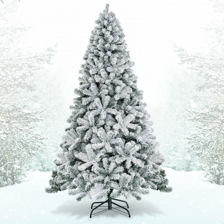 7.5 feet snow flocked artificial Christmas tree with 1010 branch tips, ideal for festive home decoration and easy.