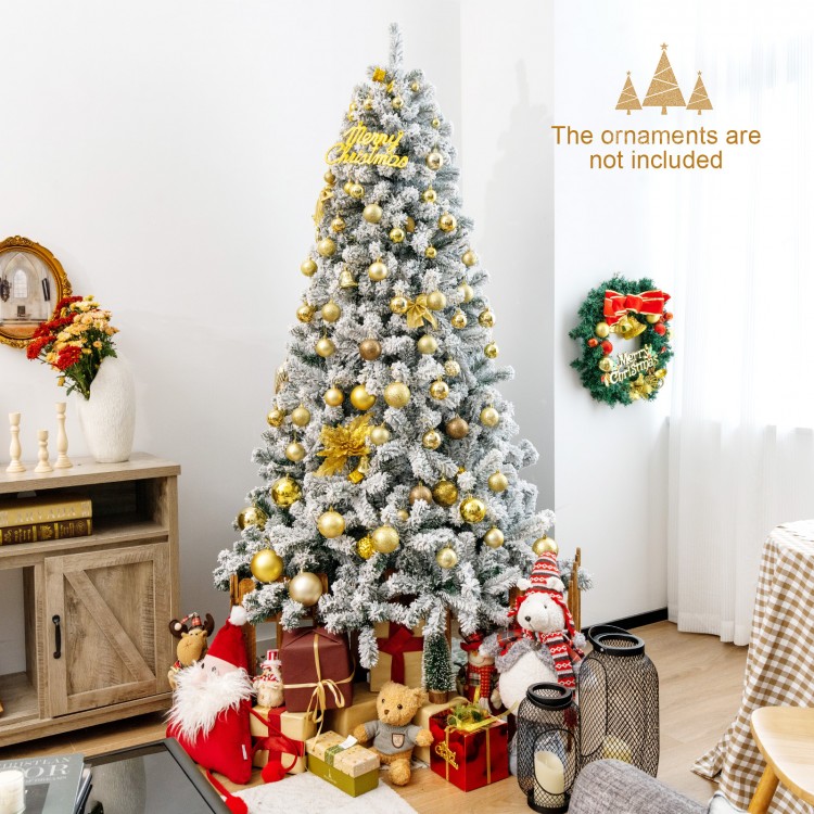 Snow-flocked 7.5 feet artificial Christmas tree with 1010 branch tips, ideal for customizable holiday decor.