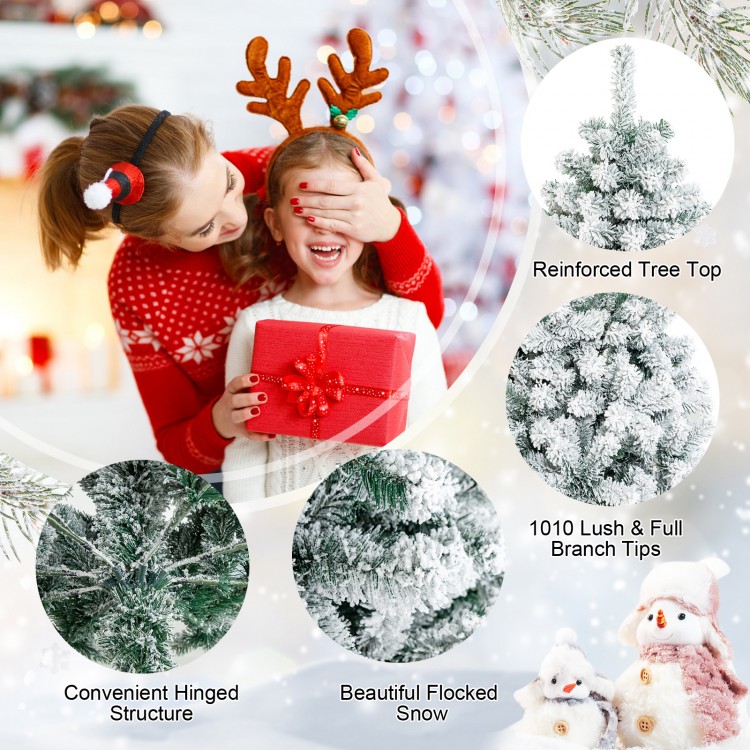 Snow-flocked 7.5 feet hinged artificial Christmas tree with 1010 branch tips, ideal for festive home decoration.