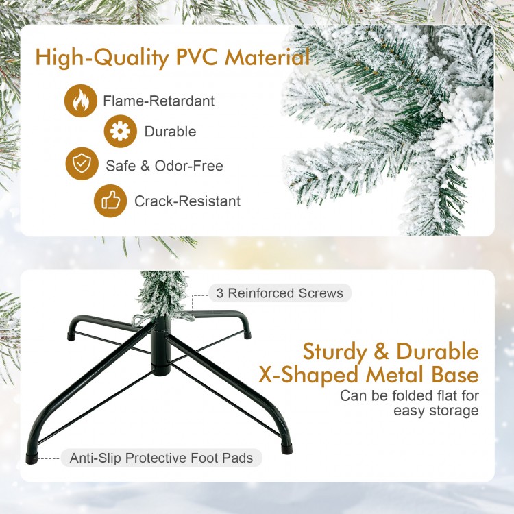 7.5 feet snow flocked artificial Christmas tree with hinged branches, crafted from durable PVC for a realistic look.