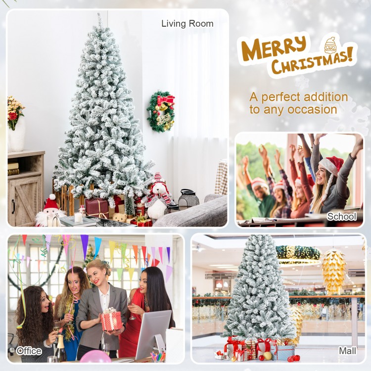 7.5 feet snow-flocked artificial Christmas tree with 1010 branch tips, perfect for festive decoration in any setting.