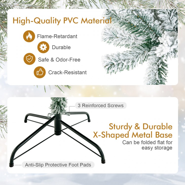 9 feet artificial Christmas tree with snow-flocked leaves, durable PVC material, and sturdy X-shaped metal base for.