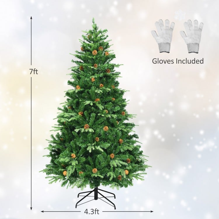 7-foot artificial Christmas tree with LED lights and pine cones, featuring hinged branches for easy setup and a sturdy.
