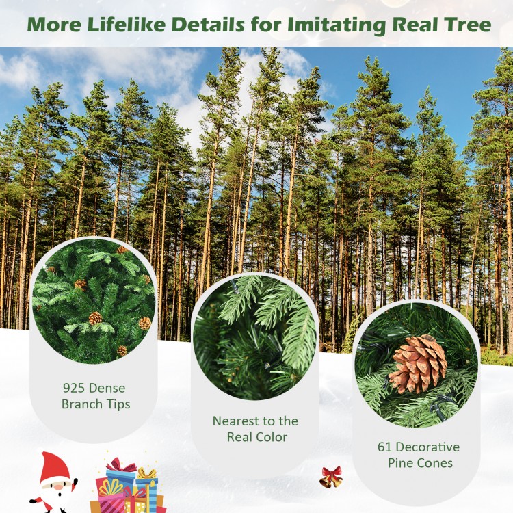 Artificial Christmas tree with LED lights, featuring 925 dense branch tips and 61 decorative pine cones for a realistic.