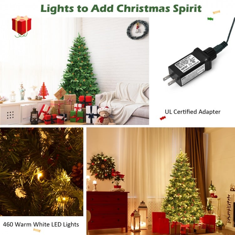 7' artificial Christmas tree with warm white LED lights, pine cones, and hinged branches for easy setup, perfect for.