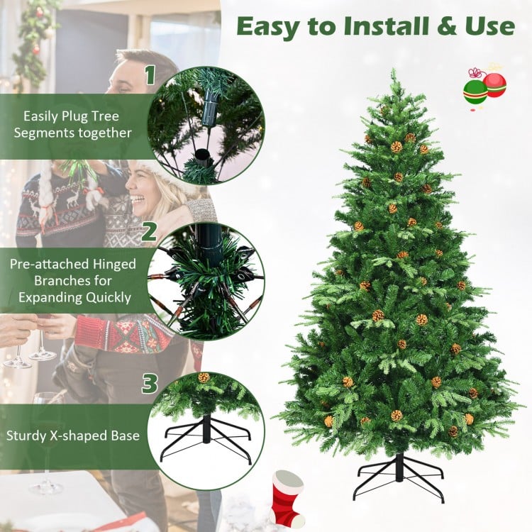 Close-up view of the 7' artificial Christmas tree showcasing the warm white LED lights and realistic pine cone accents.
