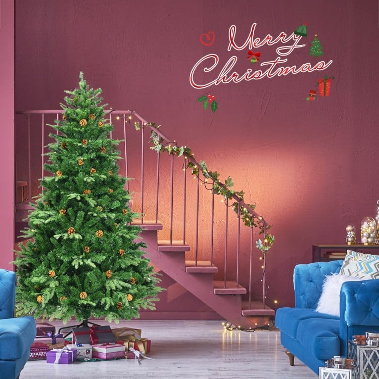 Artificial 7' Christmas tree with LED lights and pine cones, perfect for festive indoor holiday decoration.
