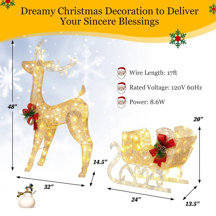 Golden Christmas reindeer sleigh decoration featuring detailed designs, red bows, and 100 warm lights for festive.