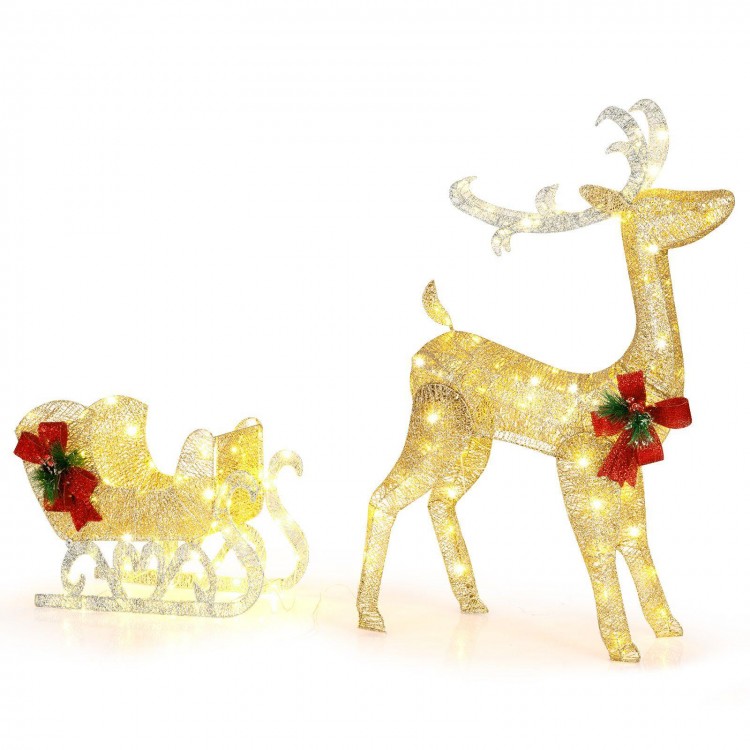 Golden Christmas reindeer decoration with intricate antlers, adorned with red bows and 100 warm lights for festive.