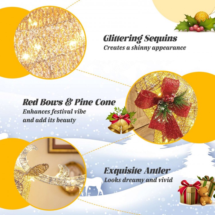Golden Christmas reindeer sleigh decoration with 100 warm lights, red bows, and exquisite antlers for festive outdoor.