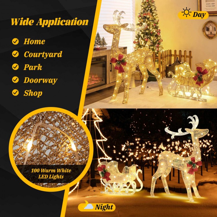 Golden Christmas reindeer sleigh decoration with 100 warm lights, designed for outdoor holiday displays in yards or.