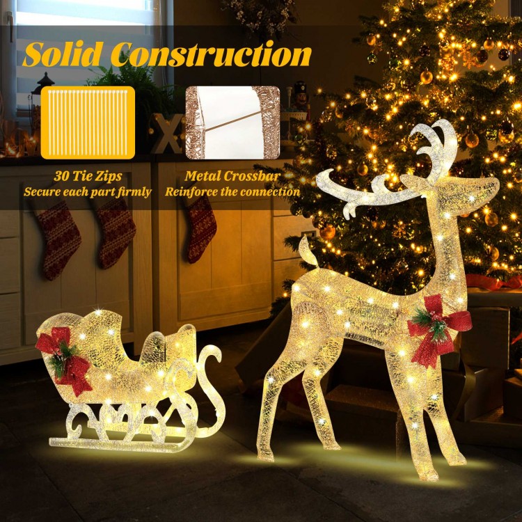 Lighted Christmas reindeer and sleigh decoration in golden color with 100 warm lights, perfect for outdoor holiday.