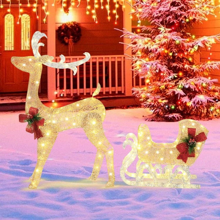 Golden Christmas reindeer and sleigh decoration with 100 warm lights, perfect for outdoor holiday displays in your yard.