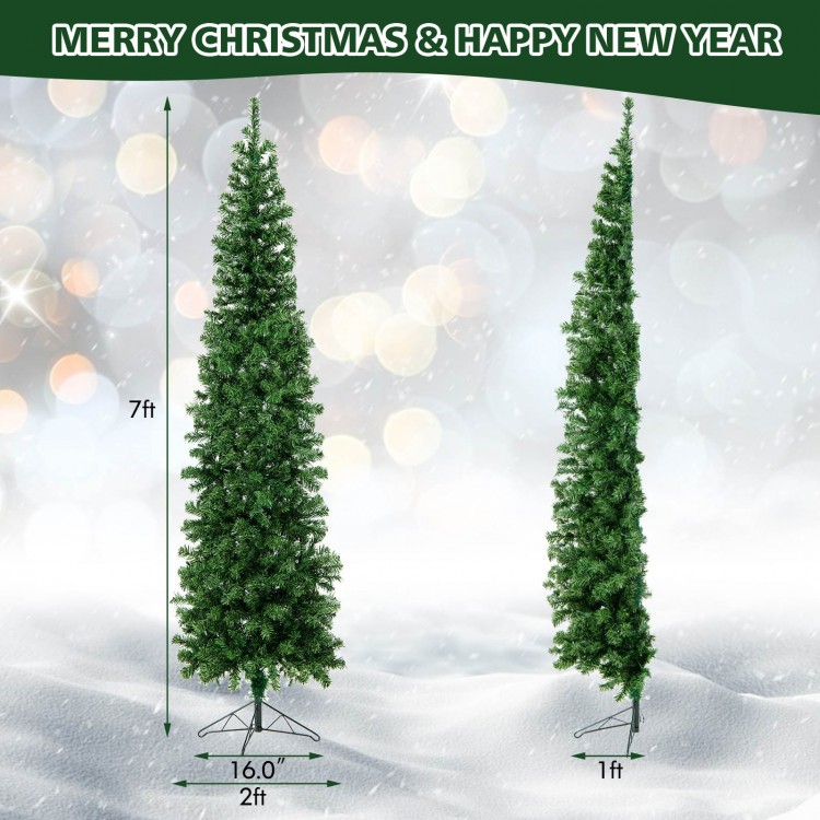 7-foot prelit half-shape Christmas tree with 150 lights, featuring a space-saving design and realistic branch tips.