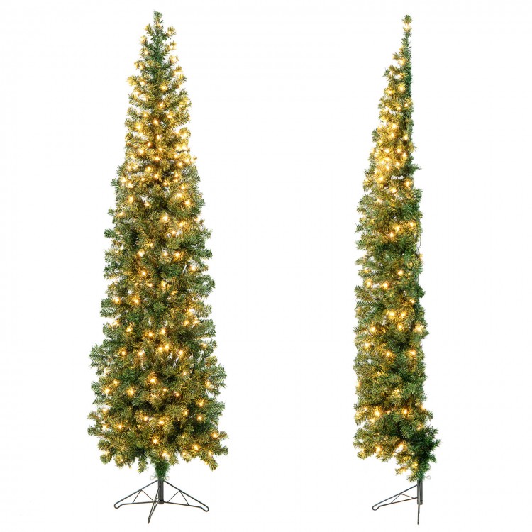 7-foot prelit half-shape Christmas tree with 150 lights, featuring realistic branch tips and a sturdy metal stand.