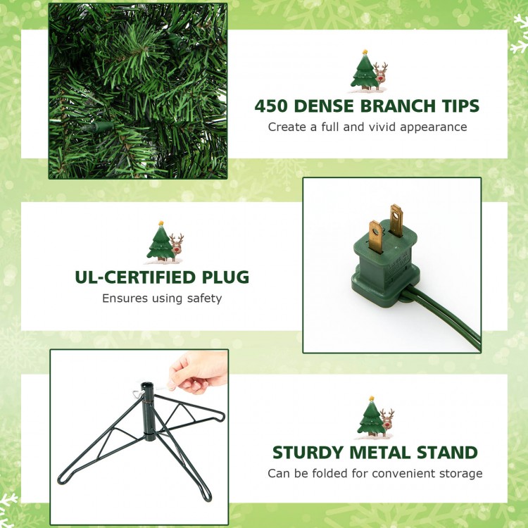 450 dense branch tips of the 7 feet prelit half-shape Christmas tree create a full and vivid appearance for festive.