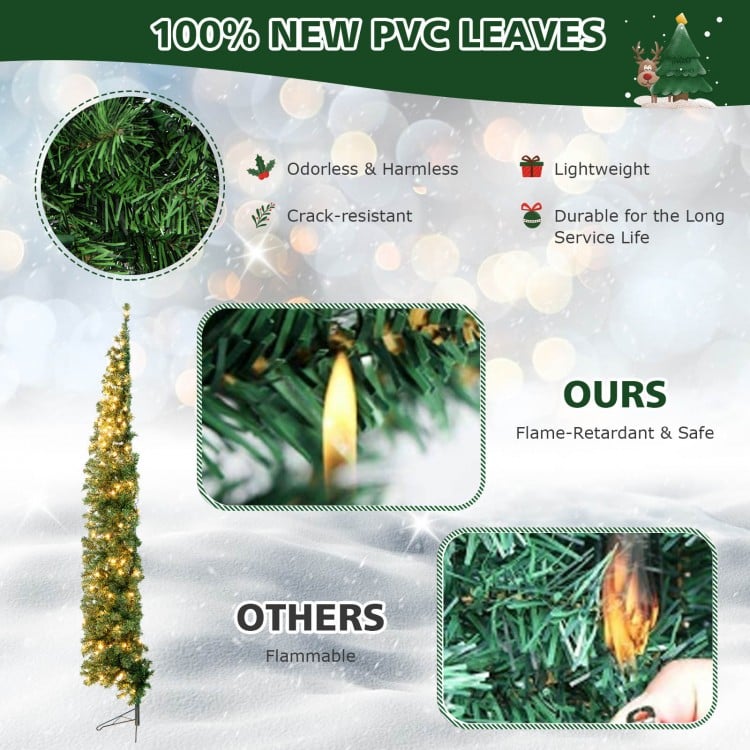 Half-shape 7 feet prelit Christmas tree with 150 lights, made of 100% PVC, safe and space-saving for holiday decor.