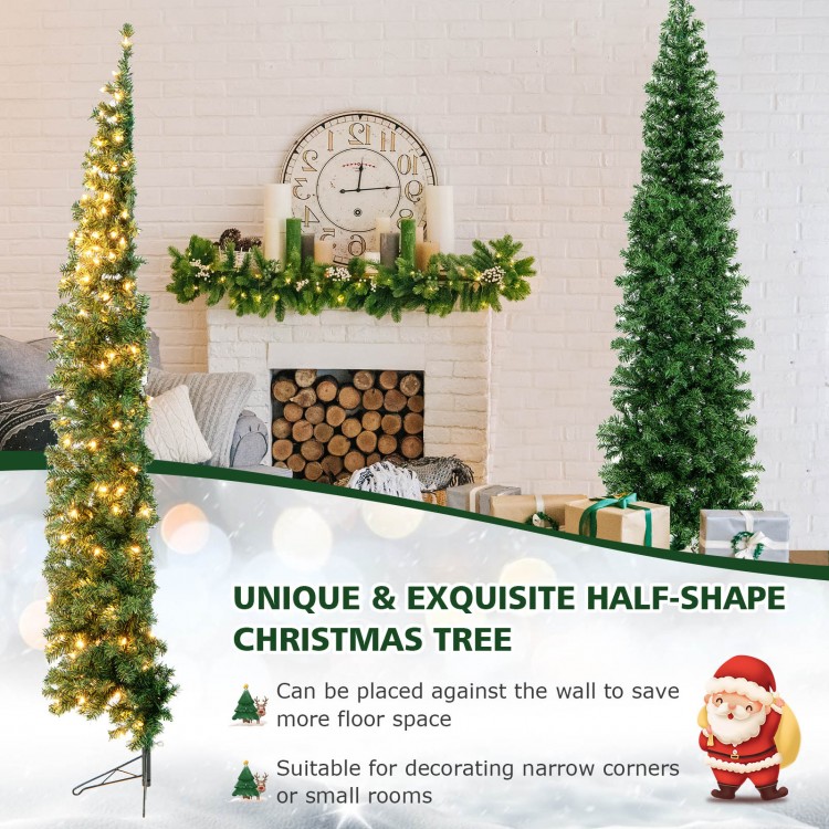 7-foot prelit half-shape Christmas tree with 150 lights, designed for small spaces and creating a warm holiday.