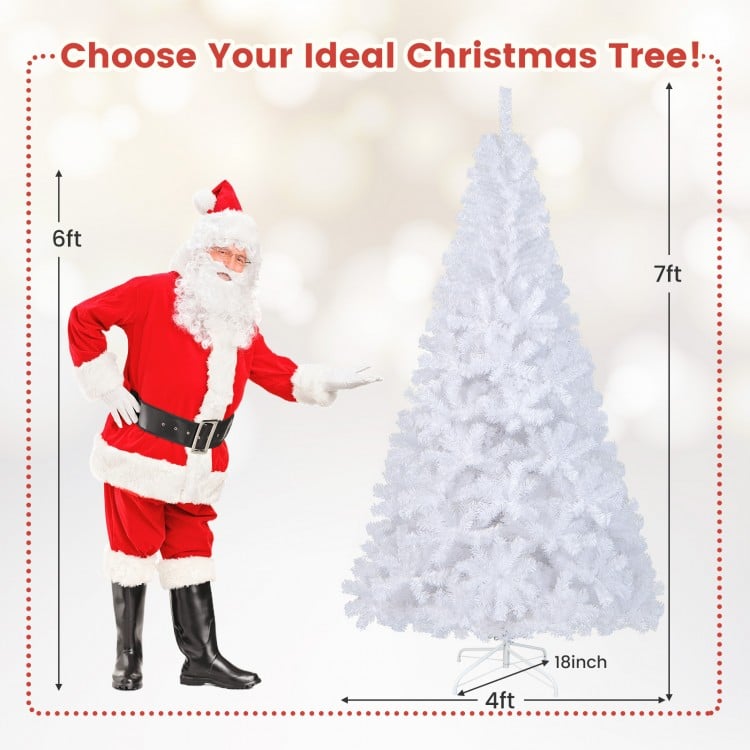7 ft white Christmas tree with solid metal stand, ideal for indoor and outdoor decoration, easy to set up and store.