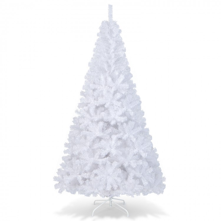 7 ft white Christmas tree with a durable metal stand, ideal for indoor and outdoor holiday decoration.
