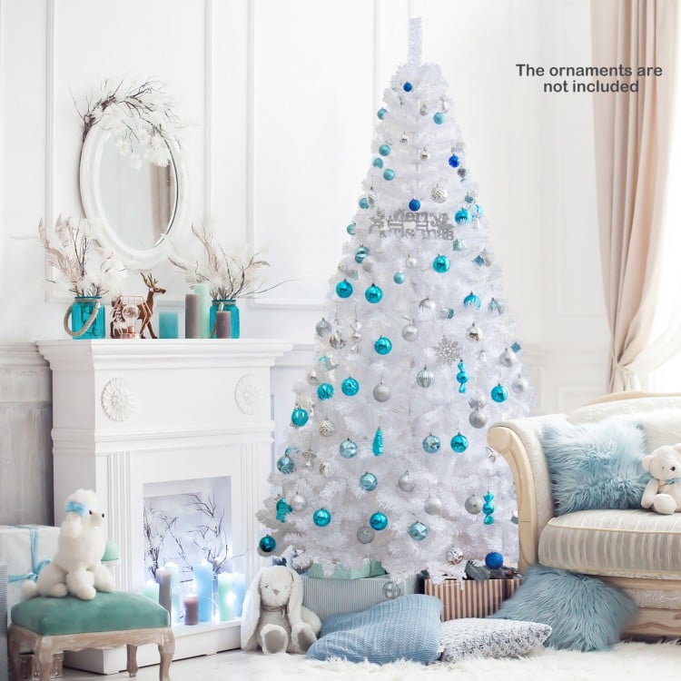 7 ft white Christmas tree with durable metal stand, ideal for indoor and outdoor decoration, shown in a cozy living.
