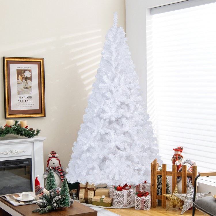 7 ft white Christmas tree with a durable metal stand, perfect for indoor and outdoor holiday decoration.