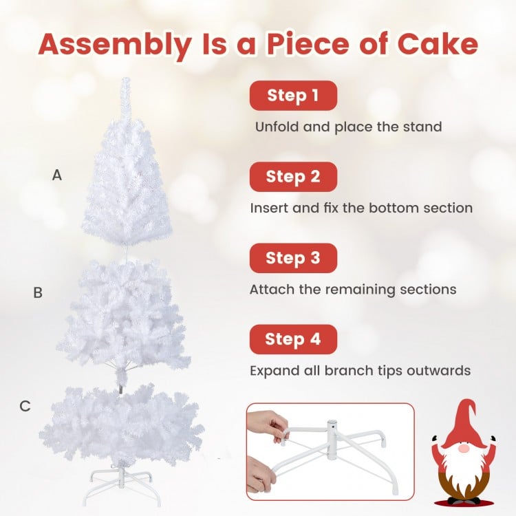 7 ft white Christmas tree assembly steps with solid metal stand, ideal for indoor and outdoor decoration.