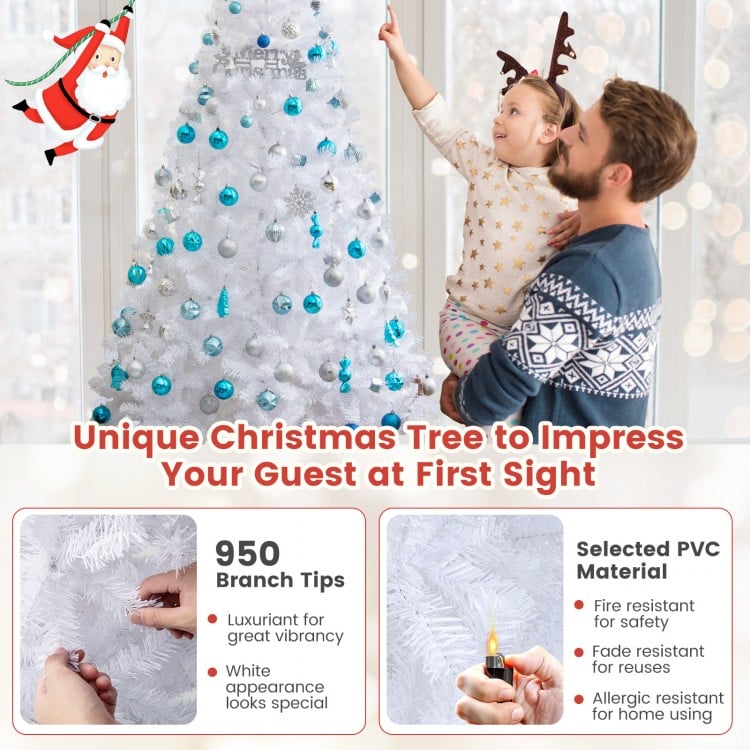 7 ft white Christmas tree with 950 branch tips and durable metal stand, ideal for indoor and outdoor decoration.