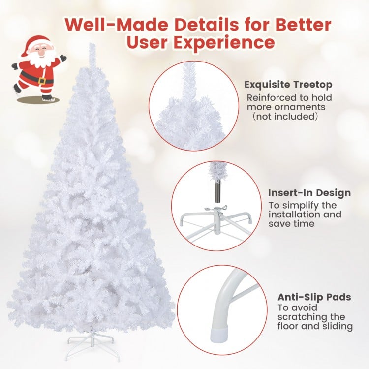 7 ft white Christmas tree with solid metal stand, featuring an exquisite treetop and anti-slip pads for stability.