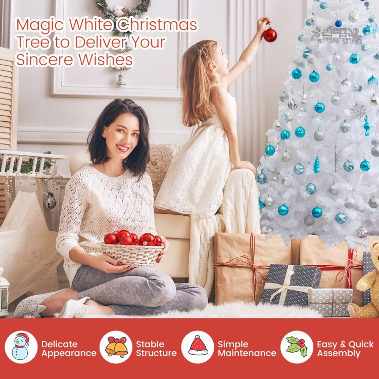 7 ft white Christmas tree with solid metal stand, perfect for indoor and outdoor decoration, easy to set up and store.