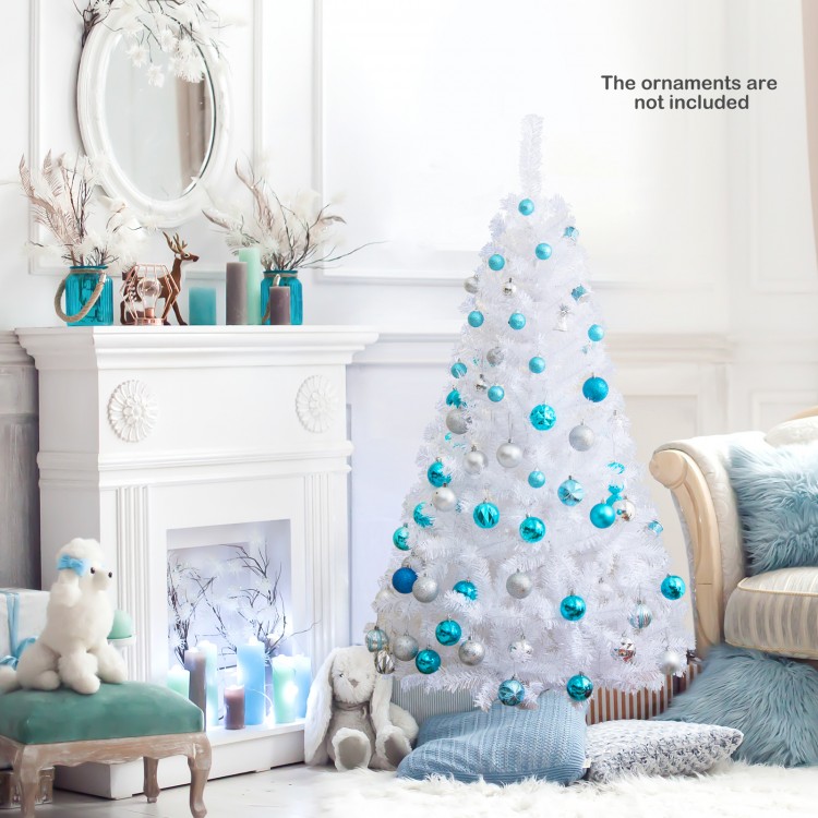 5 ft white artificial PVC Christmas tree with silver and turquoise ornaments, perfect for indoor and outdoor decoration.