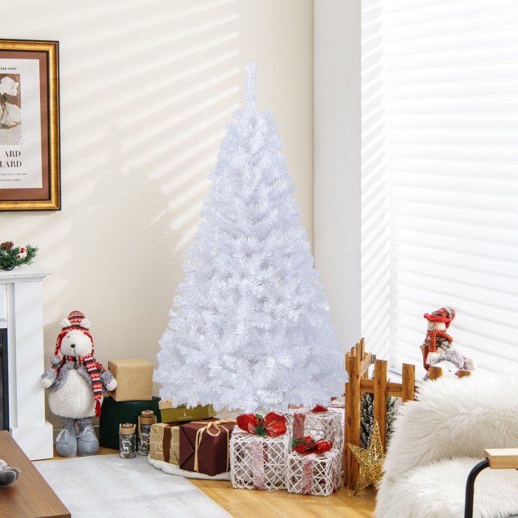 5 ft white artificial PVC Christmas tree with a sturdy metal stand, perfect for indoor and outdoor holiday decoration.