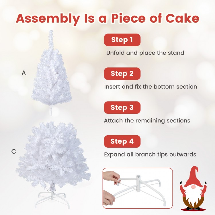 5 ft white artificial PVC Christmas tree assembly steps with solid metal stand for indoor and outdoor decoration.