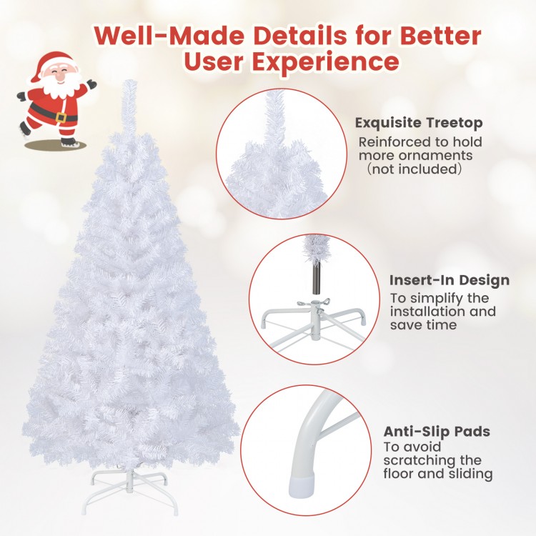 5 ft white artificial Christmas tree with solid metal stand, designed for easy setup and outdoor stability.