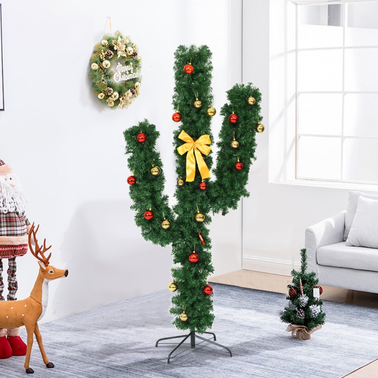 5-foot artificial cactus Christmas tree with vibrant ball ornaments and pre-lit LED lights, ideal for unique holiday.