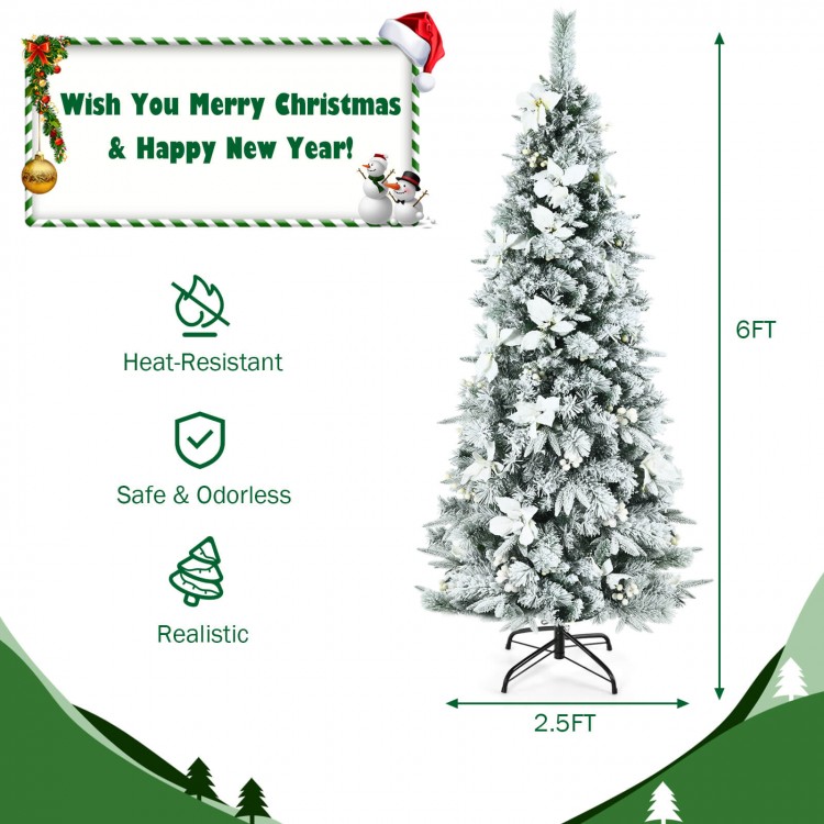 Snow flocked 6ft Christmas pencil tree with white berries and poinsettia flowers, perfect for festive holiday decor.