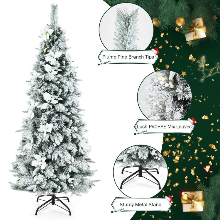 Snow flocked 6ft Christmas pencil tree with berries and poinsettia flowers, featuring 471 branch tips and sturdy metal.